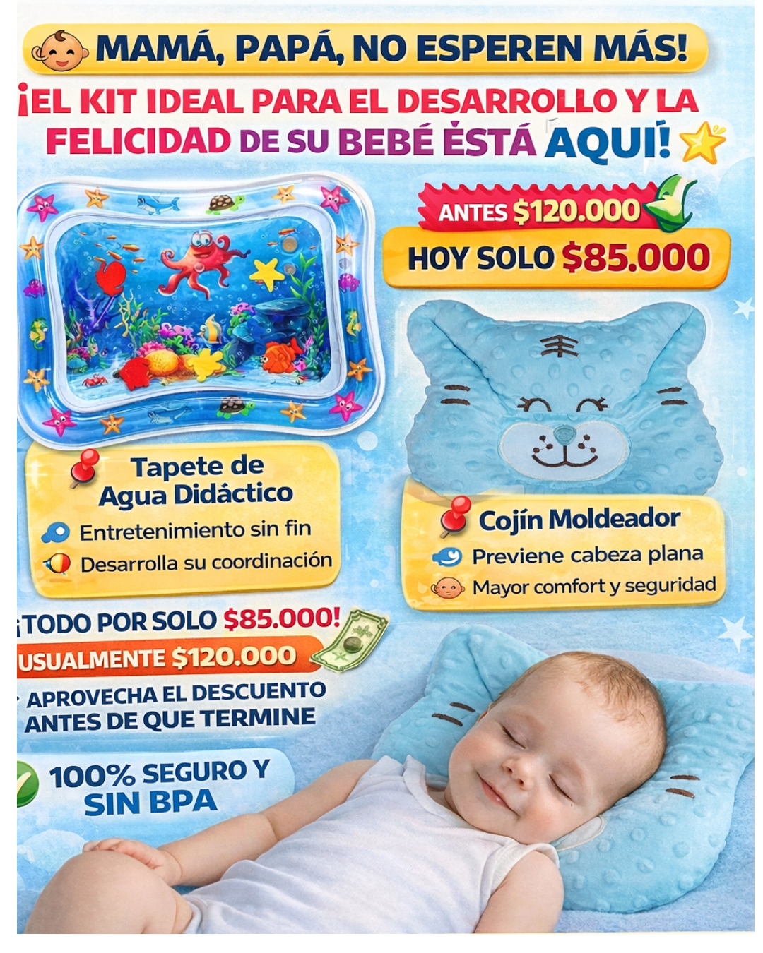 TAPETE AGUA  + COJIN MOLDEADOR BEBES